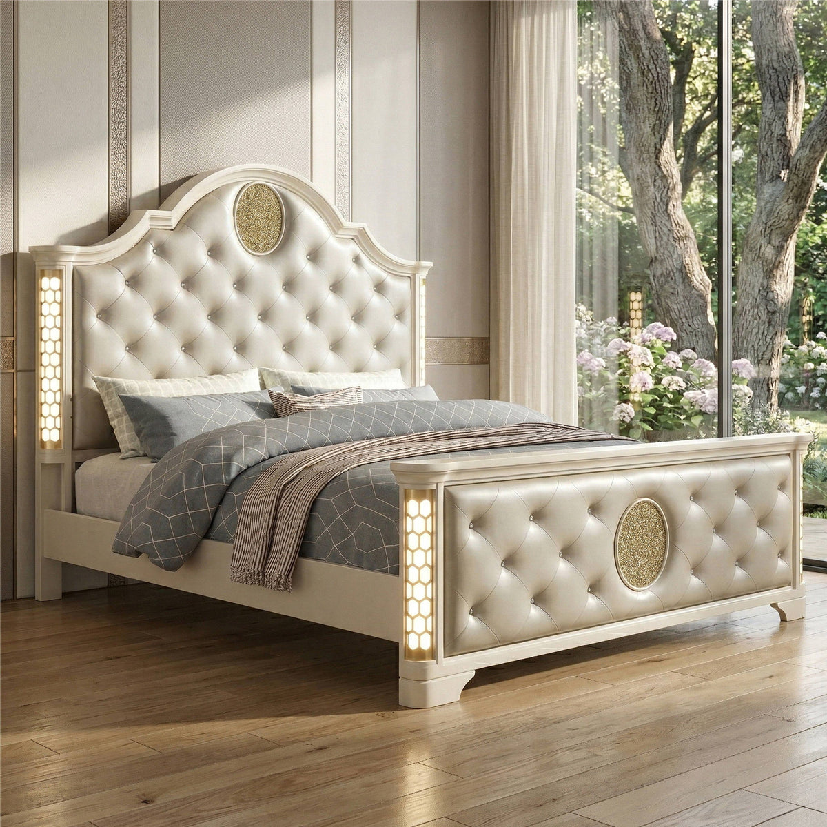 Queen tufted beige upholstered bed with arched headboard, gold medallions, and LED side lights