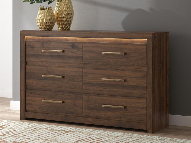 Light brown wood six-drawer dresser with six drawers and horizontal bar pulls