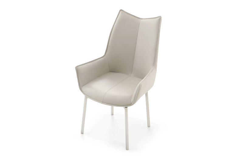 White swivel dining chair with cushioned seat, tall backrest, and slender metal legs