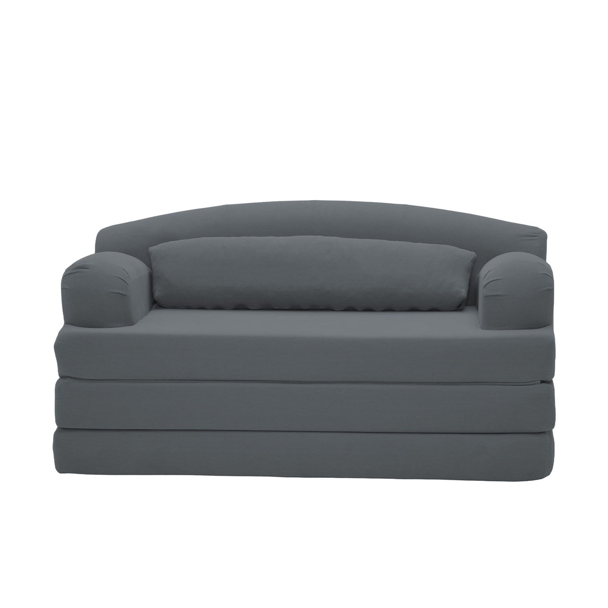 Compact foldable 2-seater sofa bed, dark gray fabric with rounded armrests and backrest.