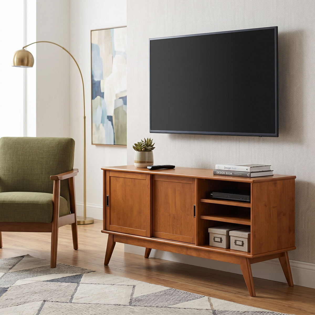 Mid-century TV media console with two doors and open cubby shelf, light brown wood