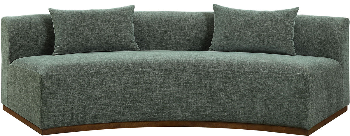 104-inch chenille upholstered sofa in green fabric with three back cushions and dark base.