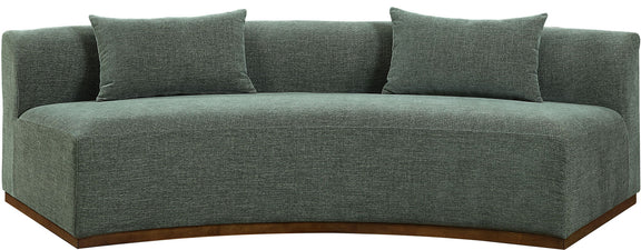 104-inch chenille upholstered sofa in green fabric with three back cushions and dark base.