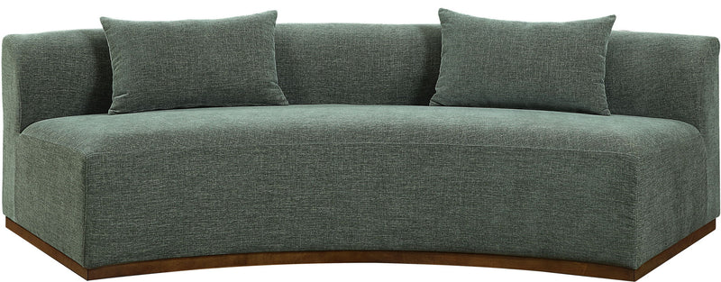 104-inch chenille upholstered sofa in green fabric with three back cushions and dark base.