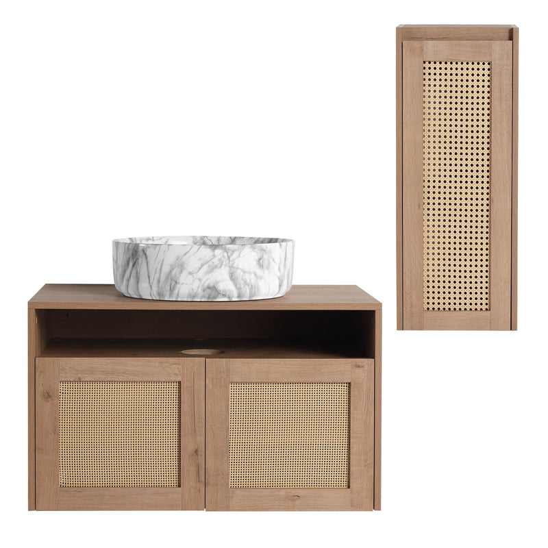 Bathroom vanity set with two oval stone-style sinks, wood base, and mesh cabinet doors