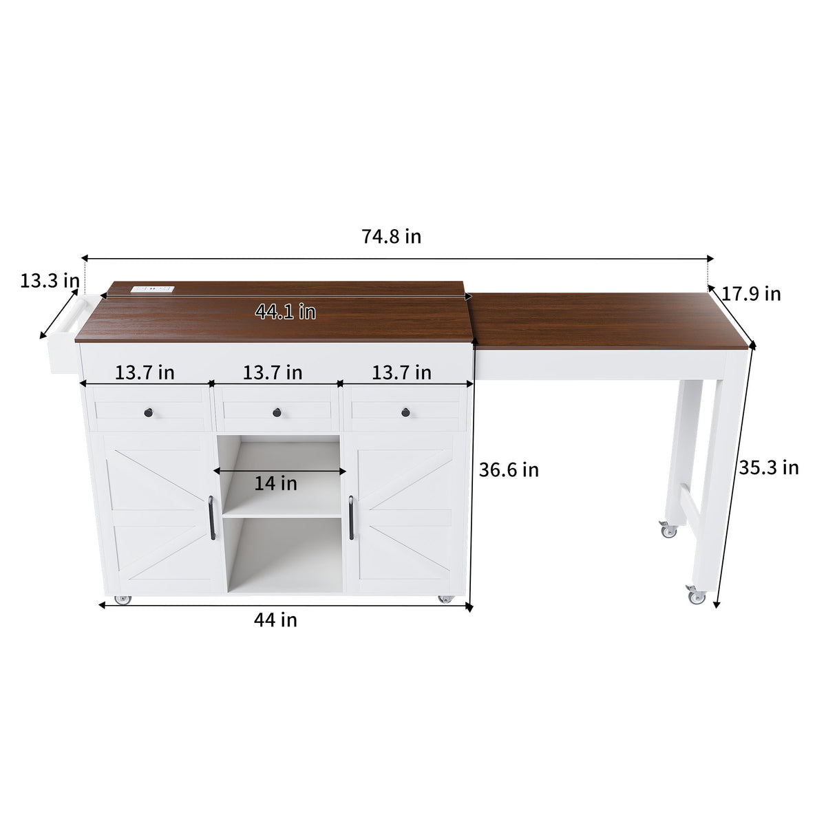 Modern Kitchen Island With Extendable Dining Table & Power Outlet - White