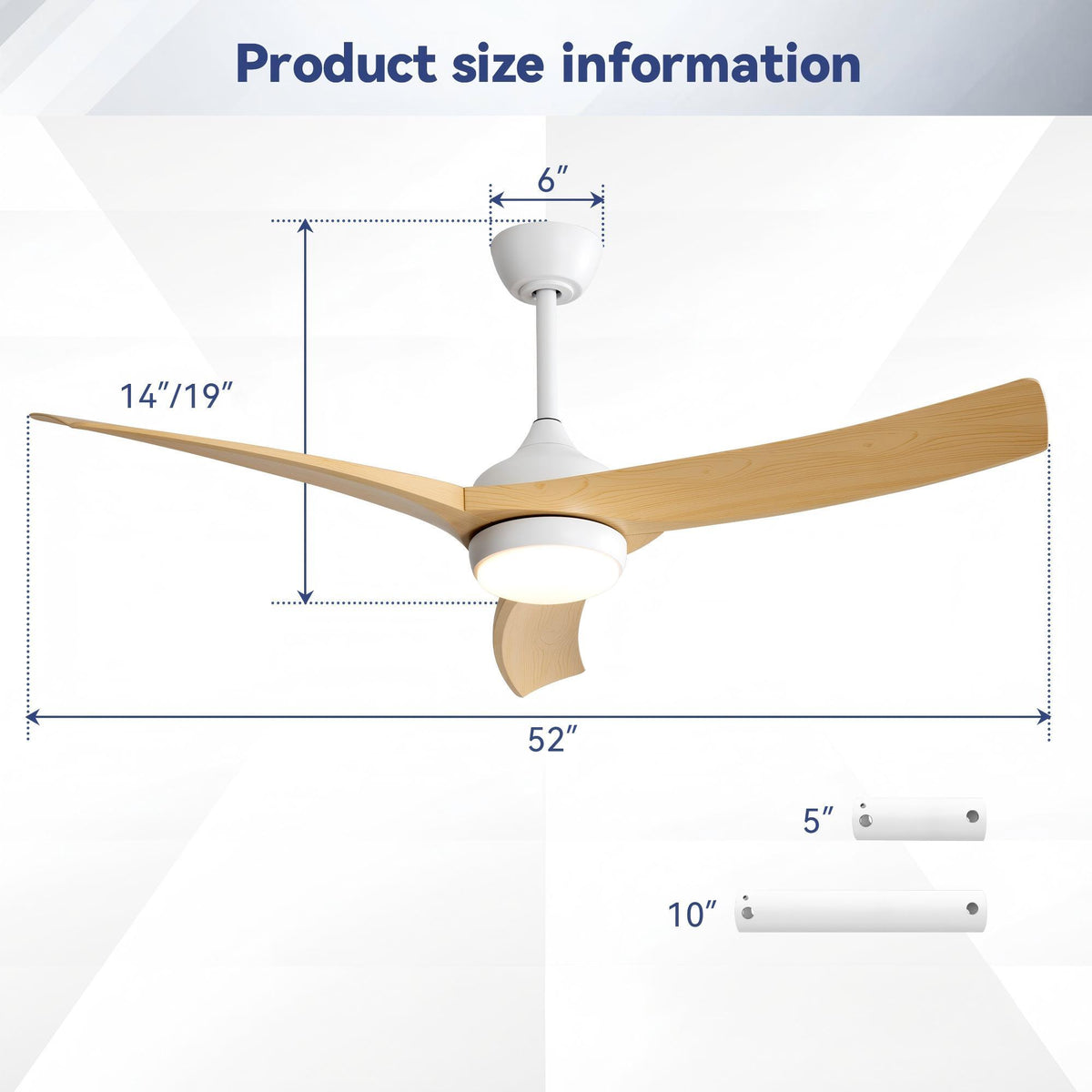 52" Ceiling Fan & 18W LED Light And Remote Control, DC Motor For Bedroom - White