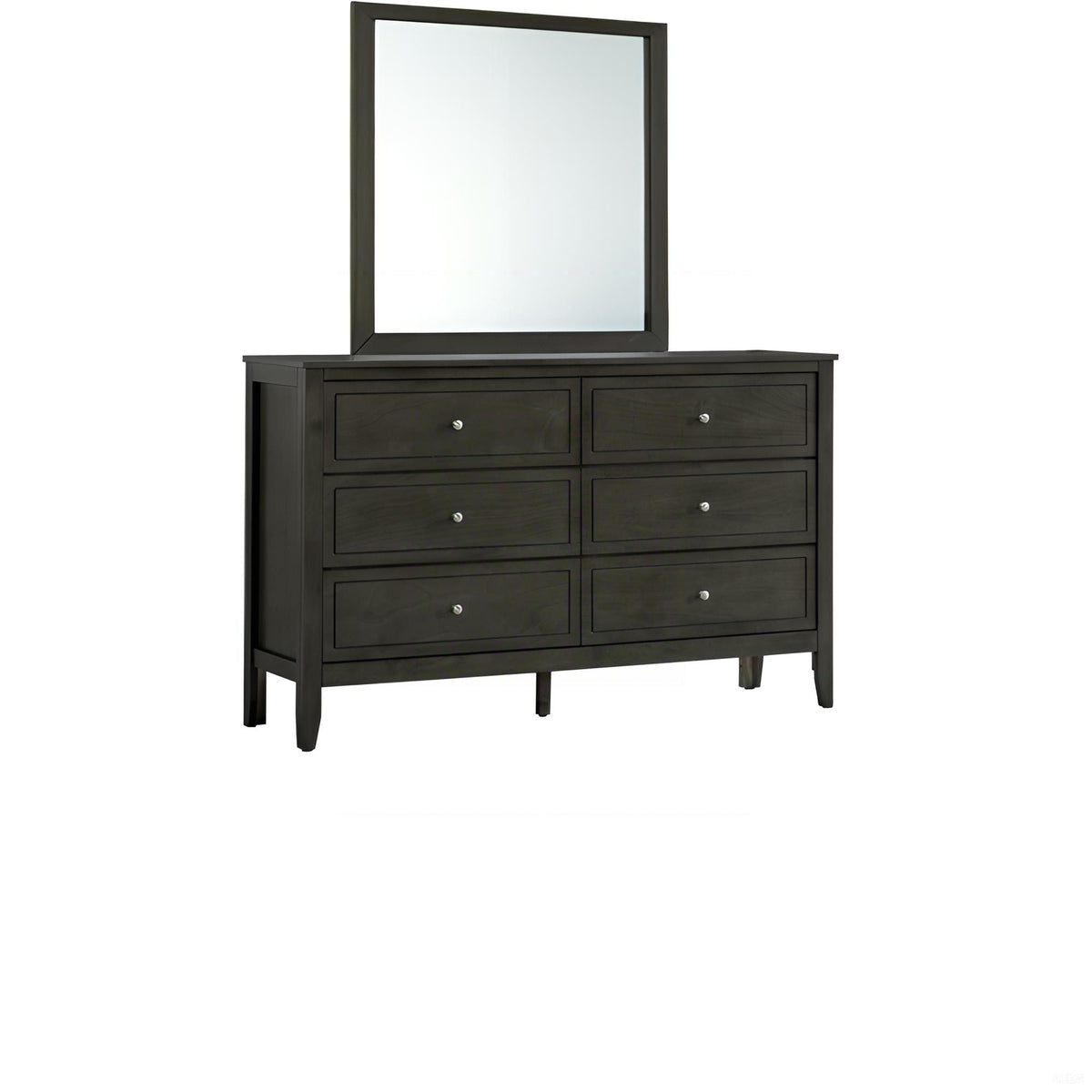 6-drawer dresser with mirror, dark gray finish and round metal knobs