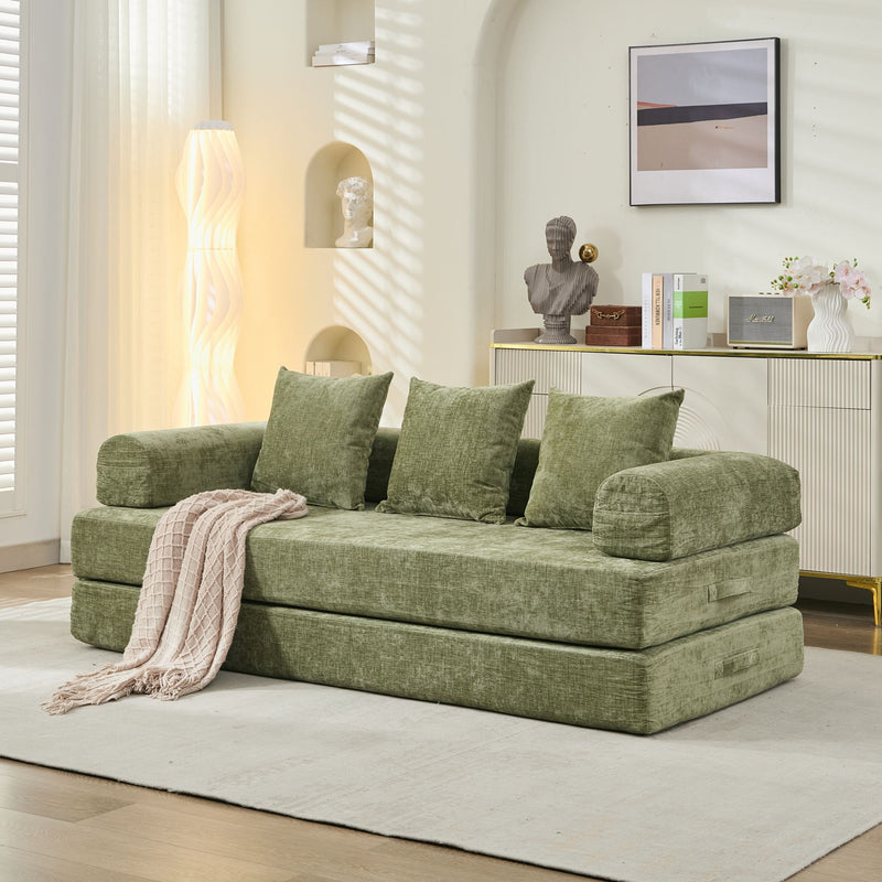 Comfy Convertible Folding Mattress Couch, Floor Sofa Bed, Chenille Floor Sofa with Armrest, Floor Sofa Lounge Couch for Living Room Bedroom Lounge Studio-Green