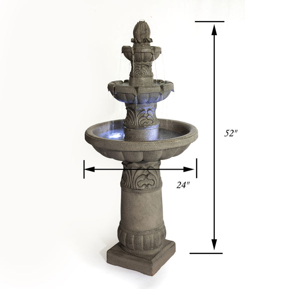 Gray 3-tier outdoor garden fountain, front view with stacked basins and height dimensions