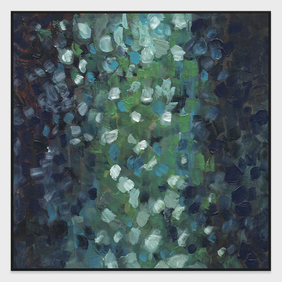 Framed abstract blue and green painting with layered textured brushstrokes