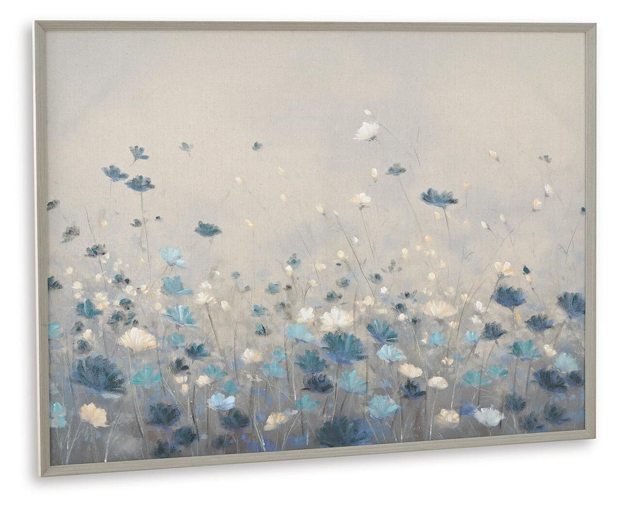 Framed floral wall art featuring blue blossoms and white accents on gray canvas