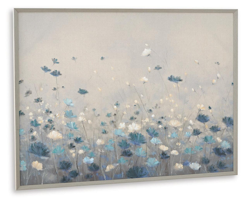 Framed floral wall art featuring blue blossoms and white accents on gray canvas
