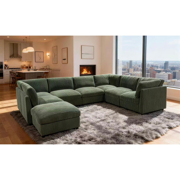 Dark green modular sectional sofa with ottoman, contemporary living room seating set