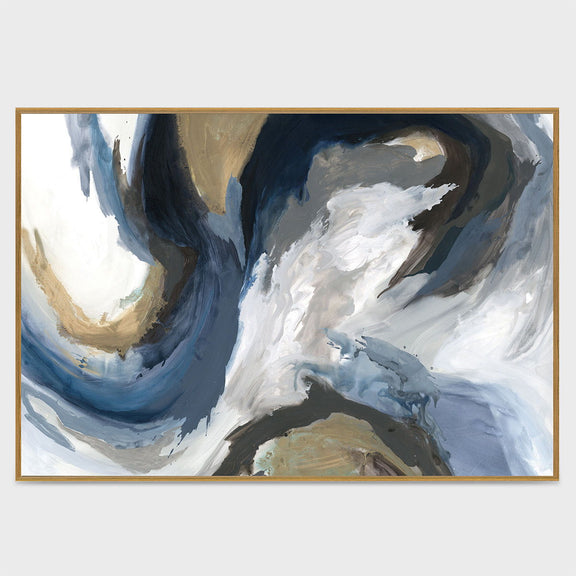 Abstract wall painting in blue, white, and gold with bold brushstroke shapes, in frame