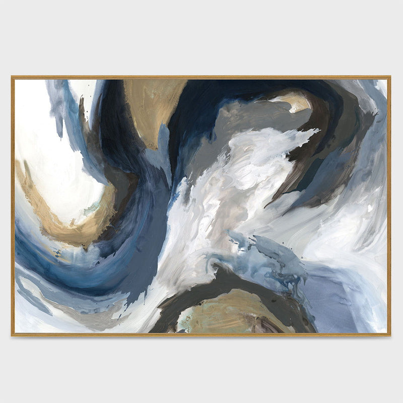 Abstract wall painting in blue, white, and gold with bold brushstroke shapes, in frame