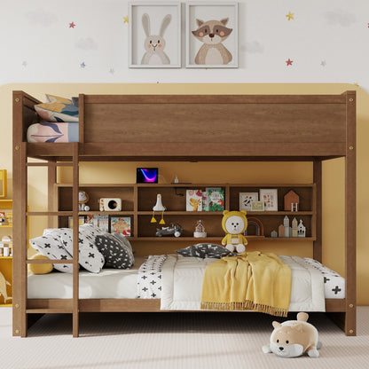Queen Over Queen Bunk Bed with Built-in Storage Cabinets, Charging Station, Ladder, Safety Guardrails, Solid Pine Wood Bunk Bed, WHEAT