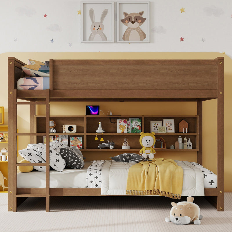 Queen Over Queen Bunk Bed with Built-in Storage Cabinets, Charging Station, Ladder, Safety Guardrails, Solid Pine Wood Bunk Bed, WHEAT