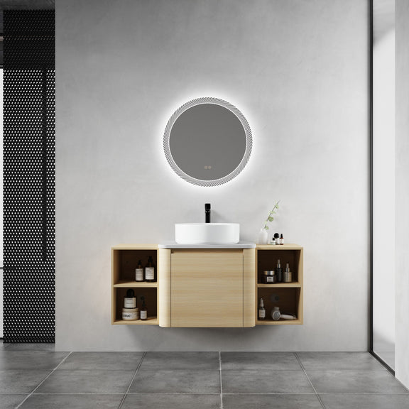 Wall-mounted bathroom vanity with black round art sink and two open side storage shelves