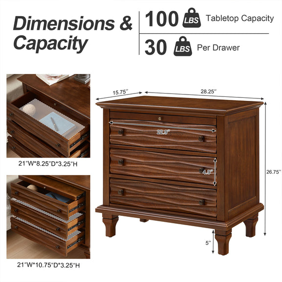 Dark brown three-drawer nightstand with dimensions and open drawer views