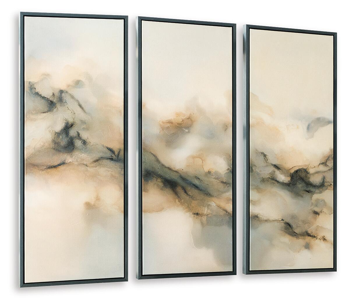 Set of 3 framed abstract landscape wall prints, dark gray frames, muted beige and blue-gray