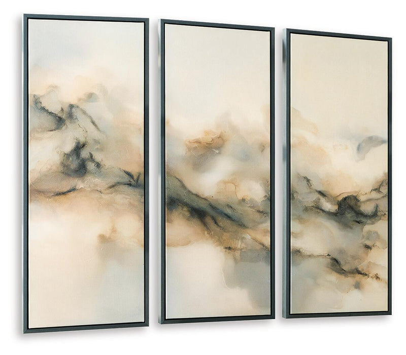 Set of 3 framed abstract landscape wall prints, dark gray frames, muted beige and blue-gray