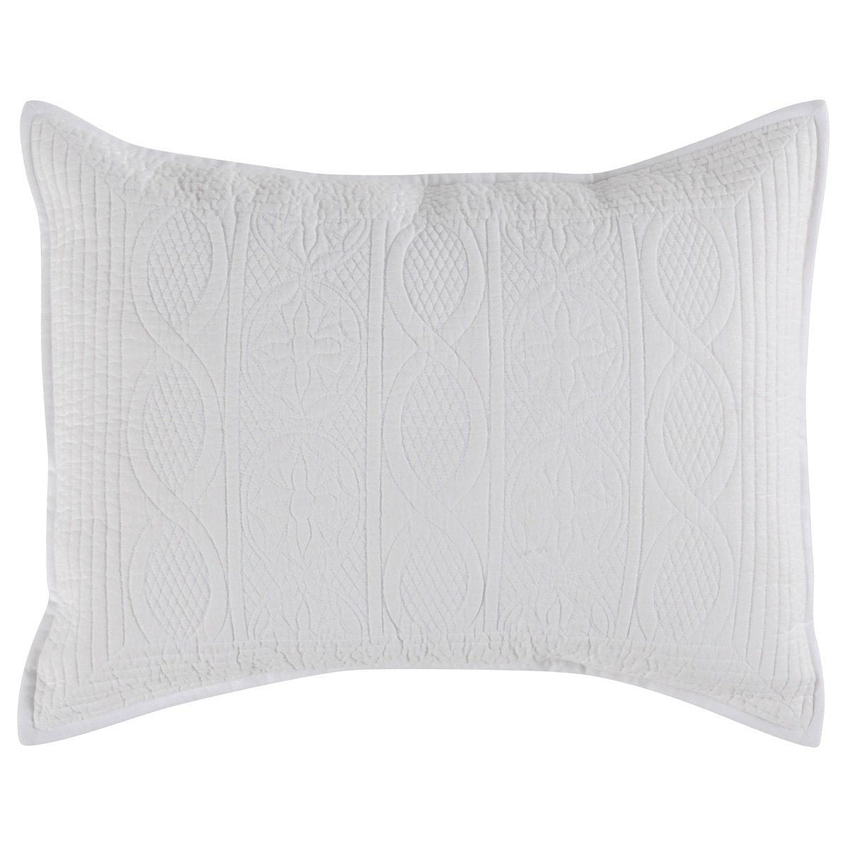 Quilted decorative sham in white with vertical oval pattern and textured stitching.