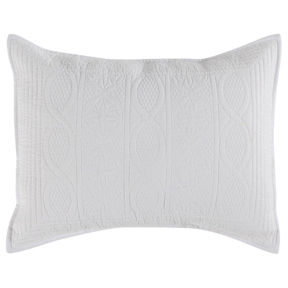 Quilted decorative sham in white with vertical oval pattern and textured stitching.