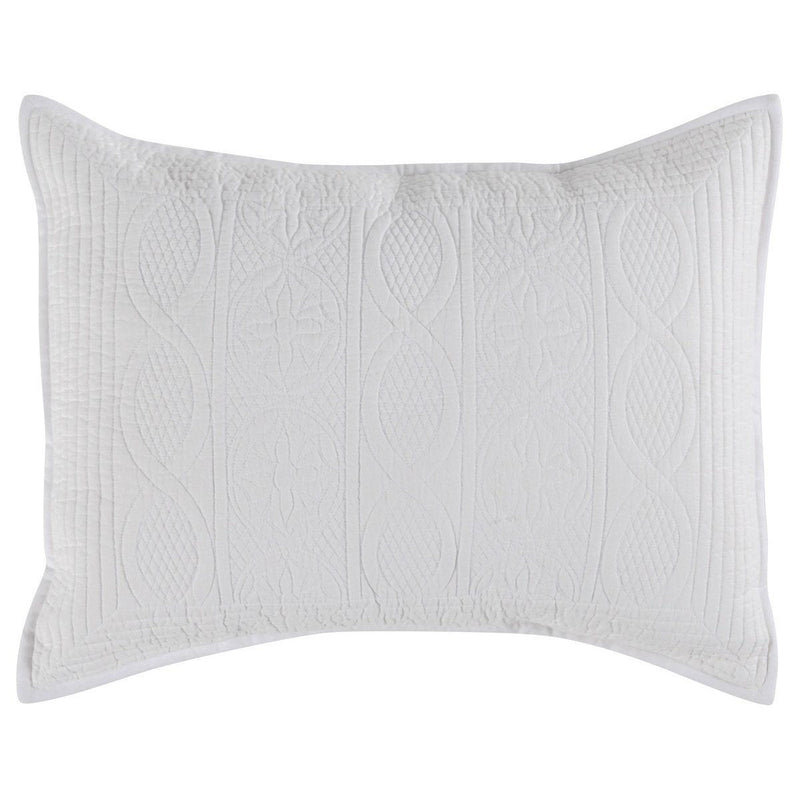Quilted decorative sham in white with vertical oval pattern and textured stitching.