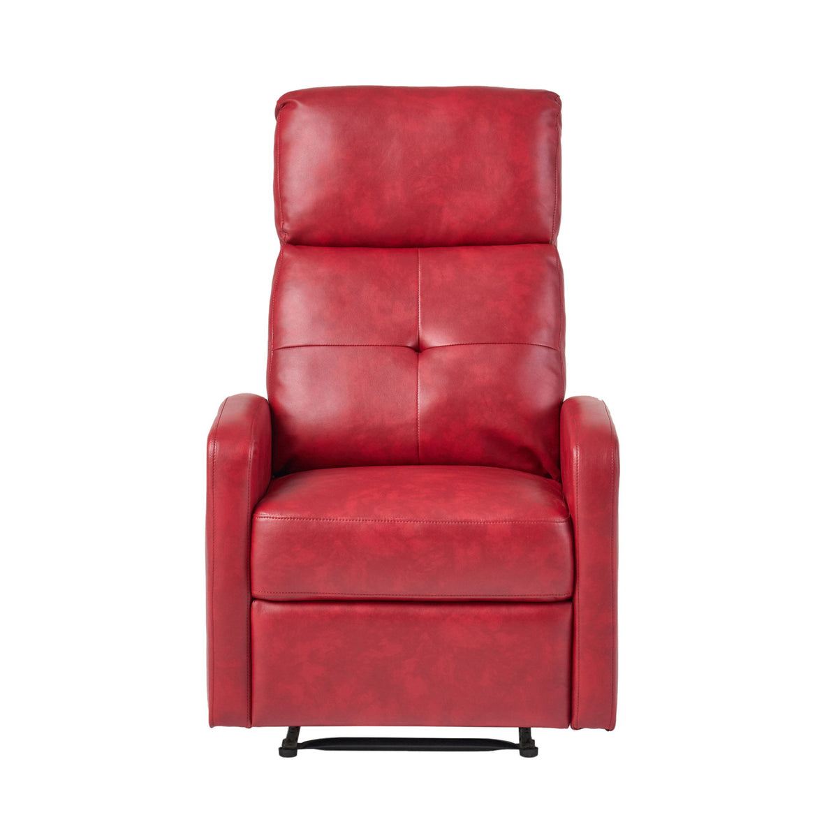 Red recliner chair with lever recline mechanism, cushioned arms and padded backrest.