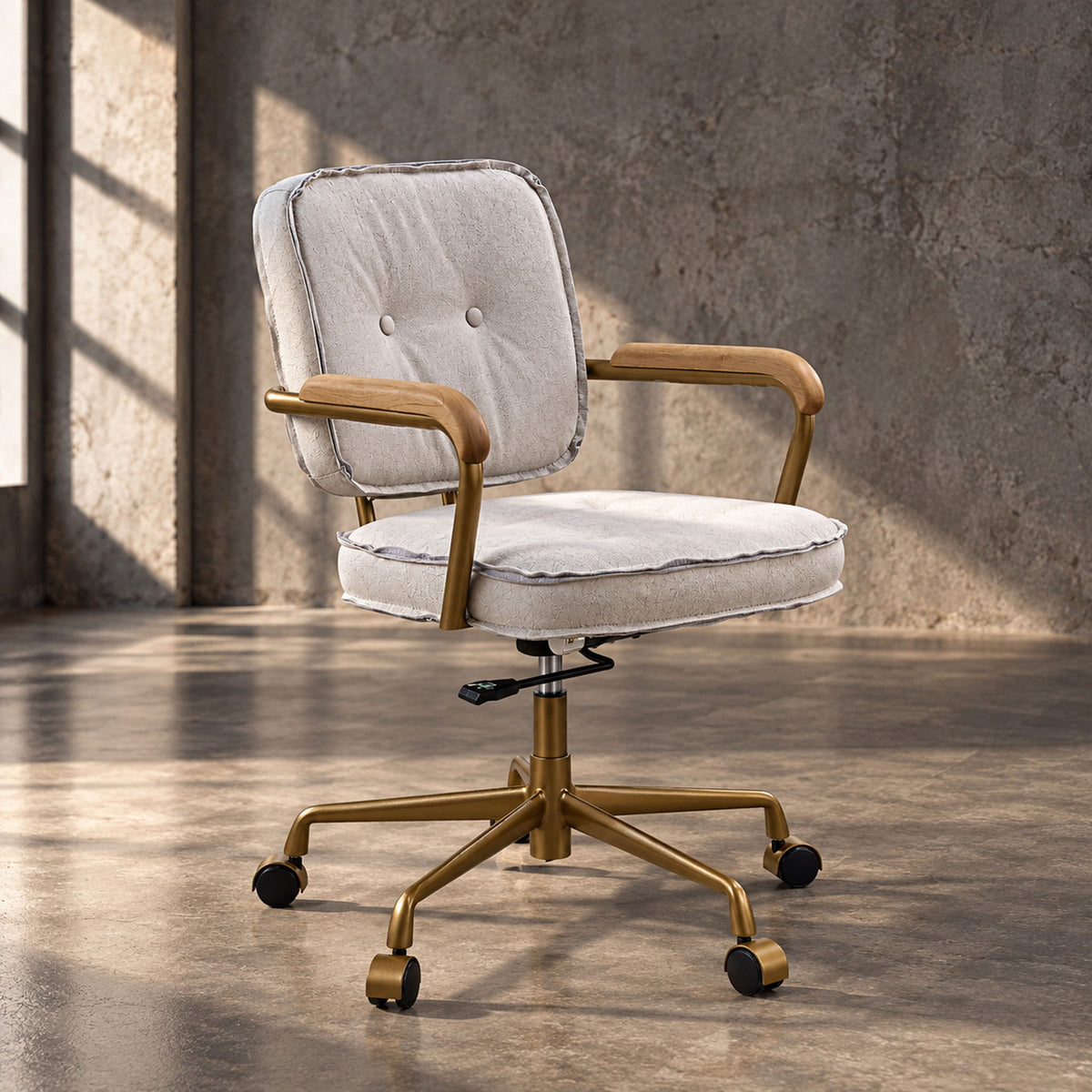 White office chair with tufted back, cushioned seat, padded armrests, and casters.