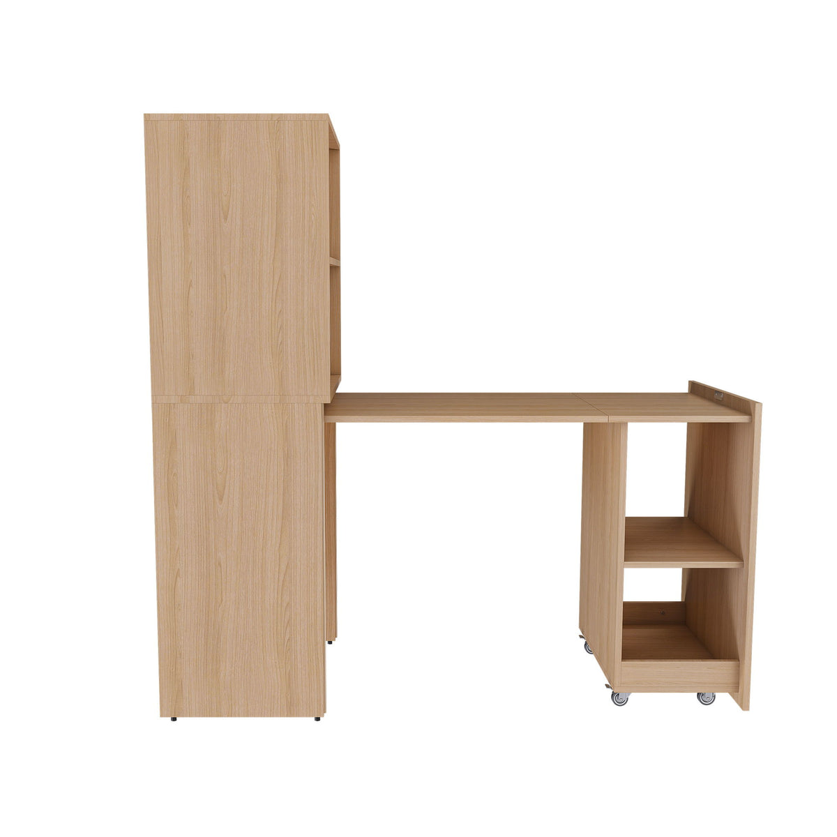 Light brown office desk with tall cabinet, open shelf cubby, and mobile wheels