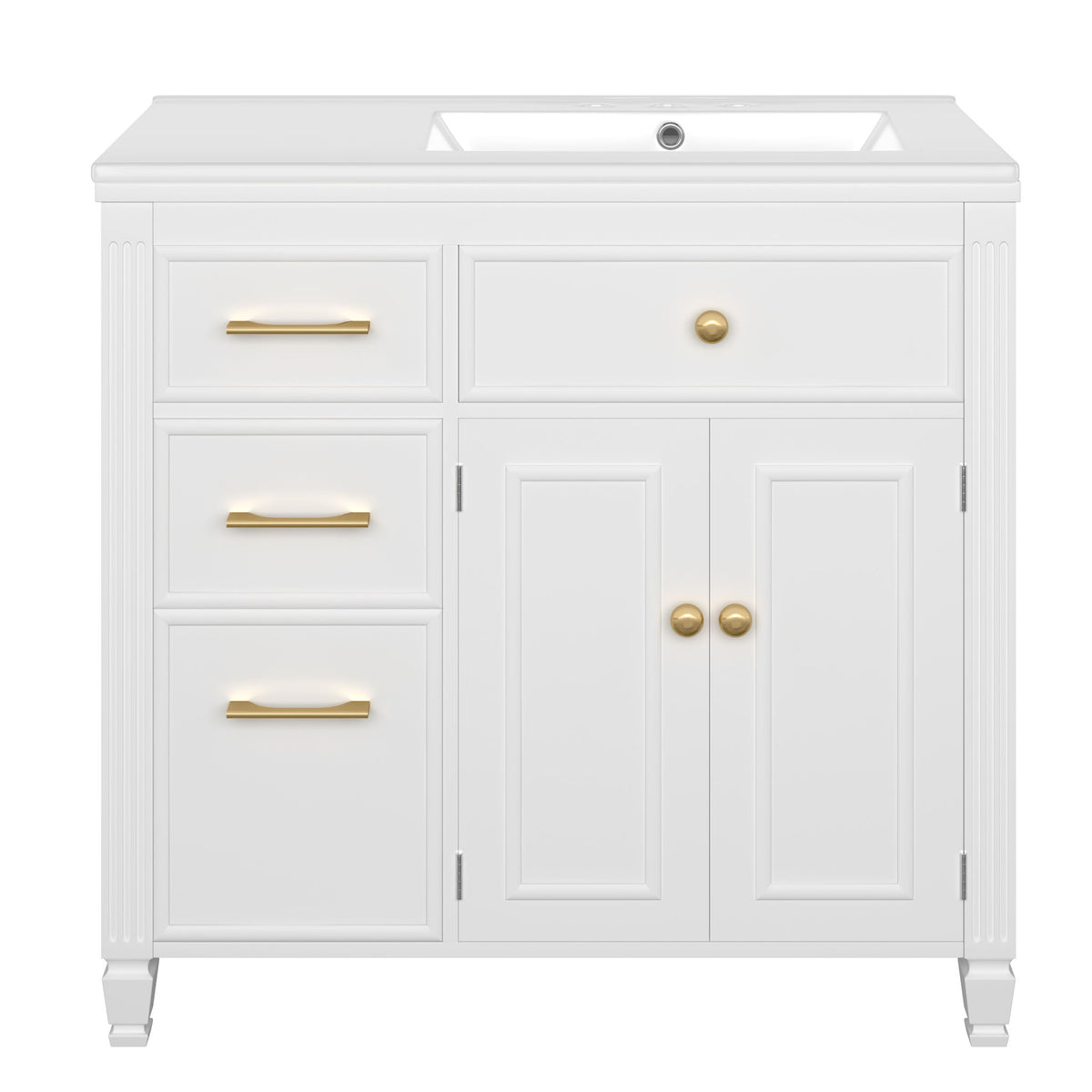 White bathroom vanity with sink, 3 drawers, double cabinet doors, gold hardware