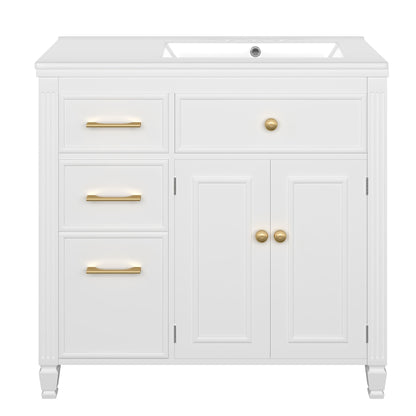 White bathroom vanity cabinet with sink, drawers, and double-door storage with gold hardware