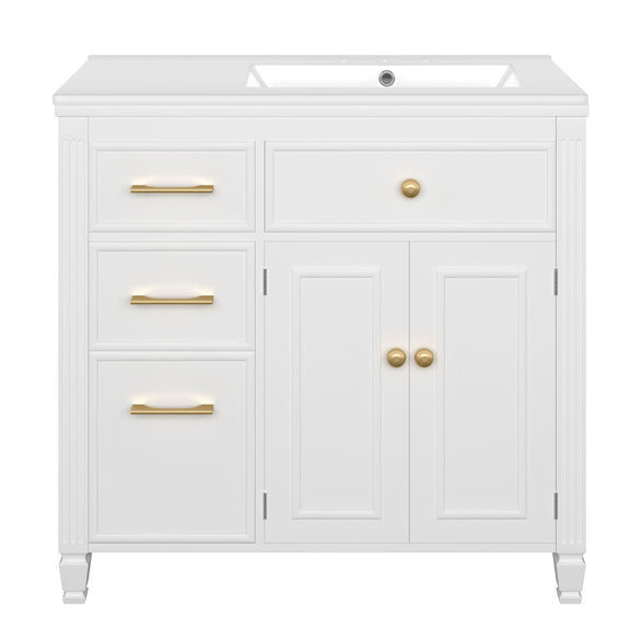 White bathroom vanity with sink, 3 drawers, double cabinet doors, gold hardware