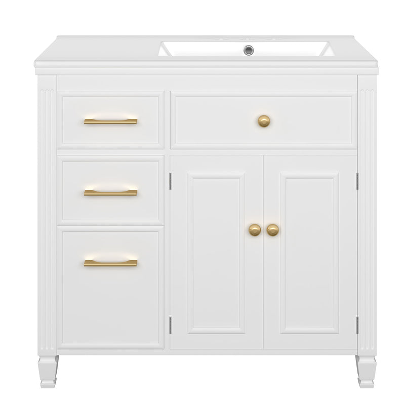 White bathroom vanity with sink, 3 drawers, double cabinet doors, gold hardware