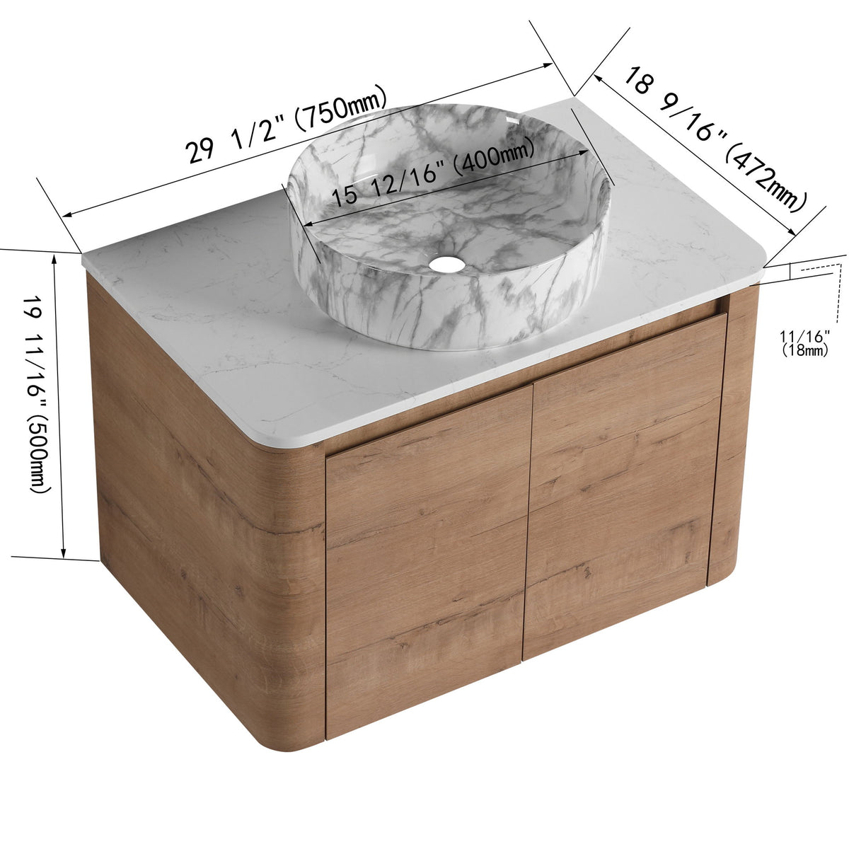 Wall-mounted vanity with white marble-look vessel sink, light wood cabinet—29 1/2 in wide