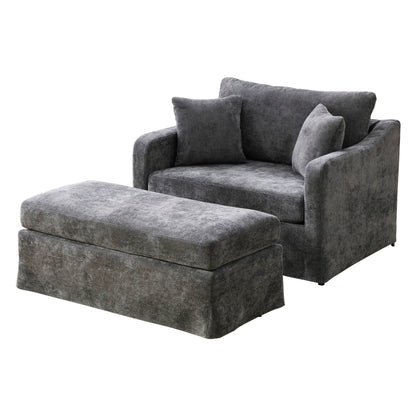 Modern Upholstered Farmhouse Accent Chair with Ottoman in Charcoal Chenille, 43.9' Wide, Black Metal Legs, Includes Two Bolster Pillows