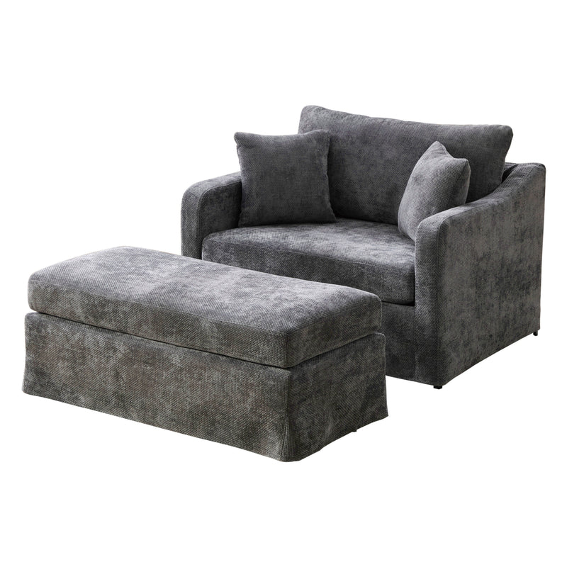 Modern Upholstered Farmhouse Accent Chair with Ottoman in Charcoal Chenille, 43.9' Wide, Black Metal Legs, Includes Two Bolster Pillows