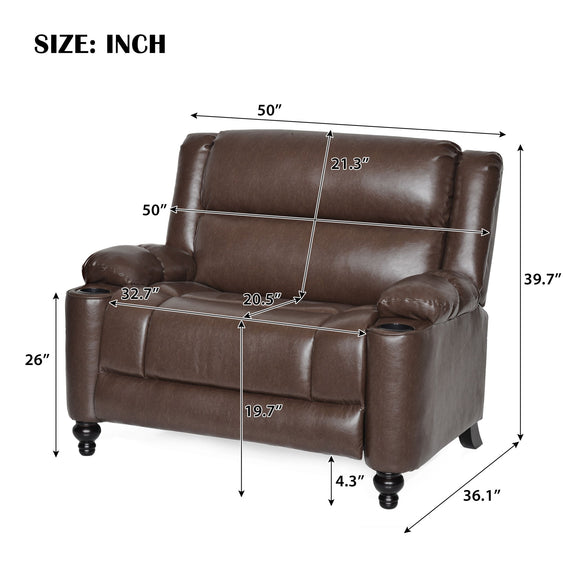 Dark brown manual recliner chair with padded arms, recline back, and knob feet
