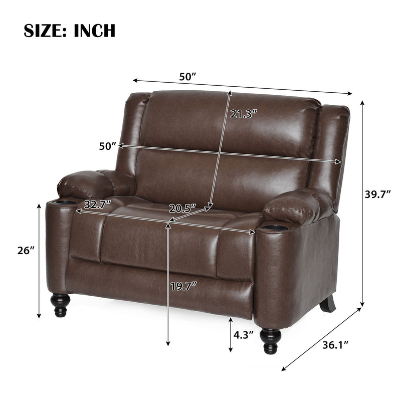 Dark brown manual recliner chair with padded arms, recline back, and knob feet