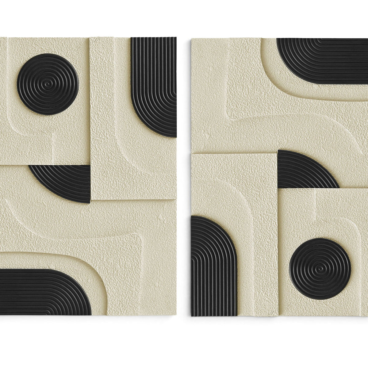 Two-piece wall art set with off-white panels and black spiral details with curved wood arcs