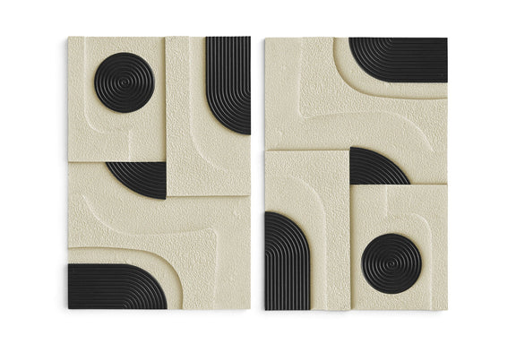Two-piece wall art set with off-white panels and black spiral details with curved wood arcs