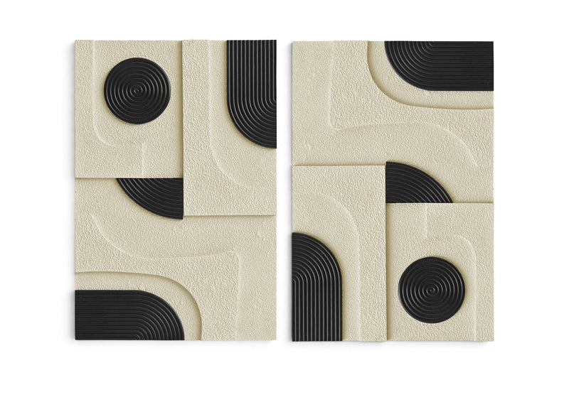 Two-piece wall art set with off-white panels and black spiral details with curved wood arcs