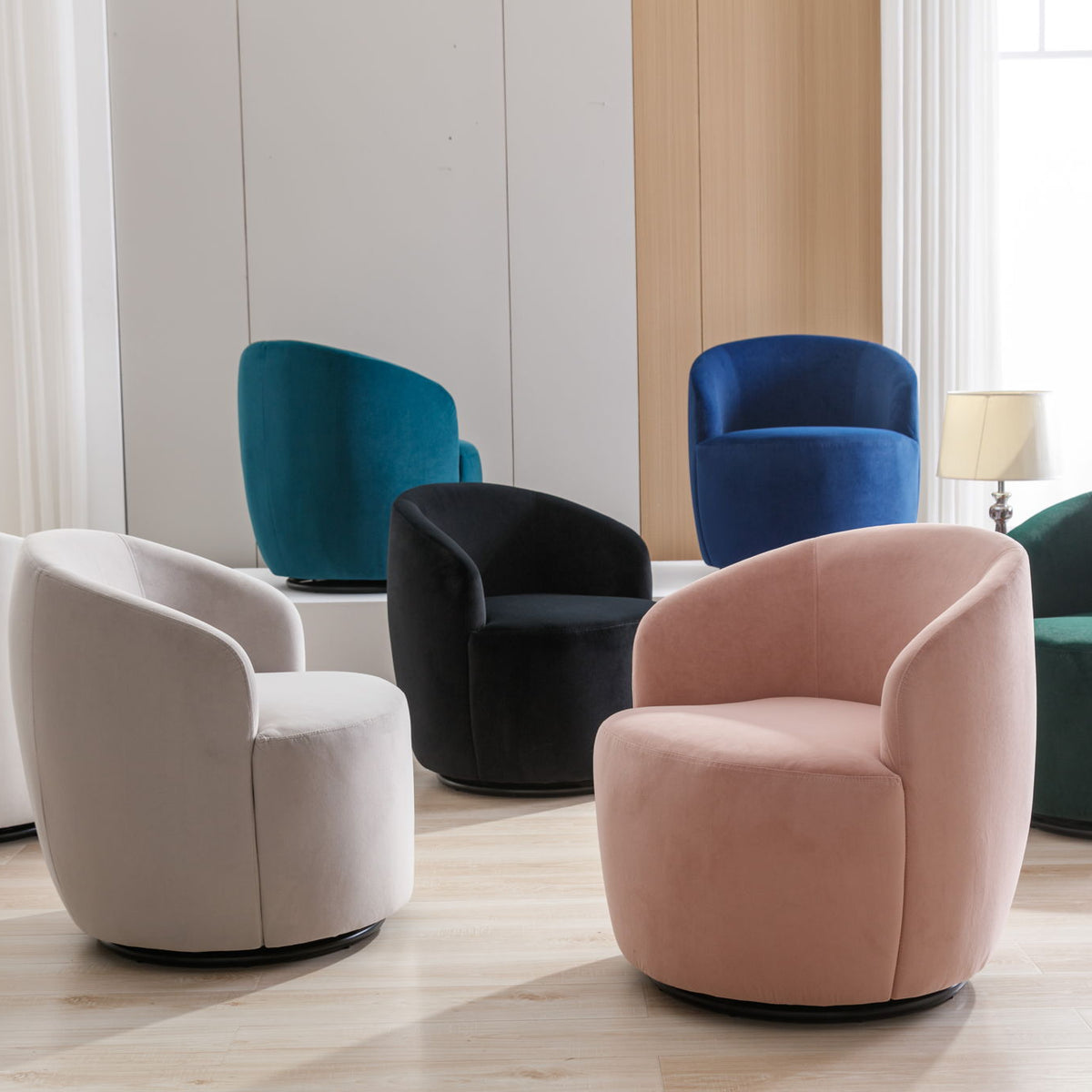 Velvet Fabric Swivel Accent Armchair Barrel Chair With Powder Coating Metal Ring