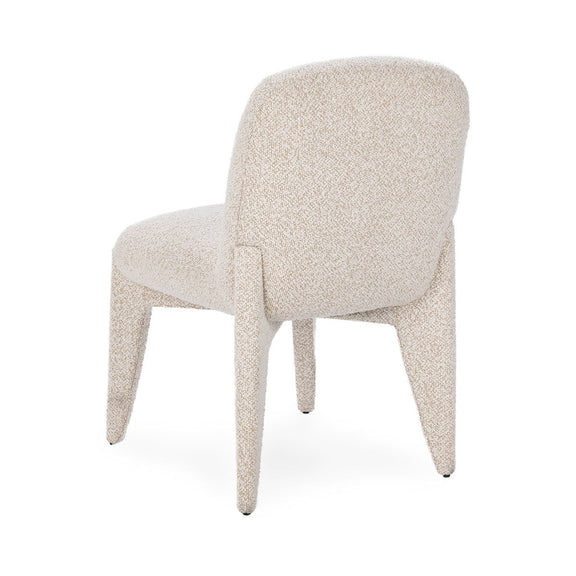 Upholstered dining chair, light beige textured upholstery, front angled view with arms