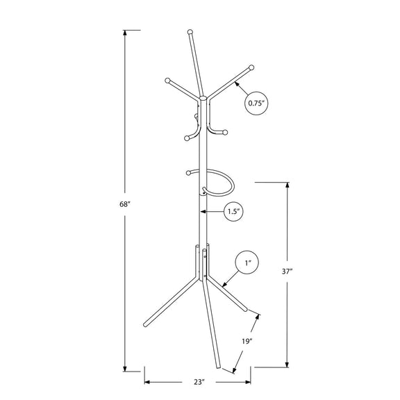 Freestanding coat rack diagram with 6 hooks, hanging bar, and tripod base dimensions
