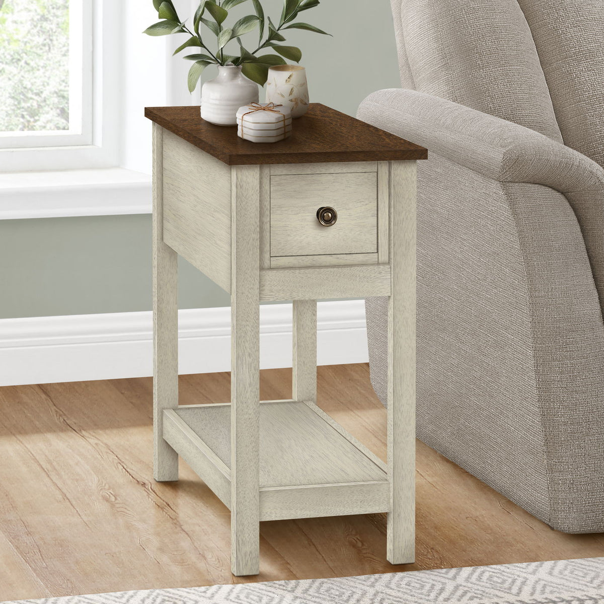 Accent End Table, 2 Tier, Narrow, Lamp, Storage Drawer, Charming Design