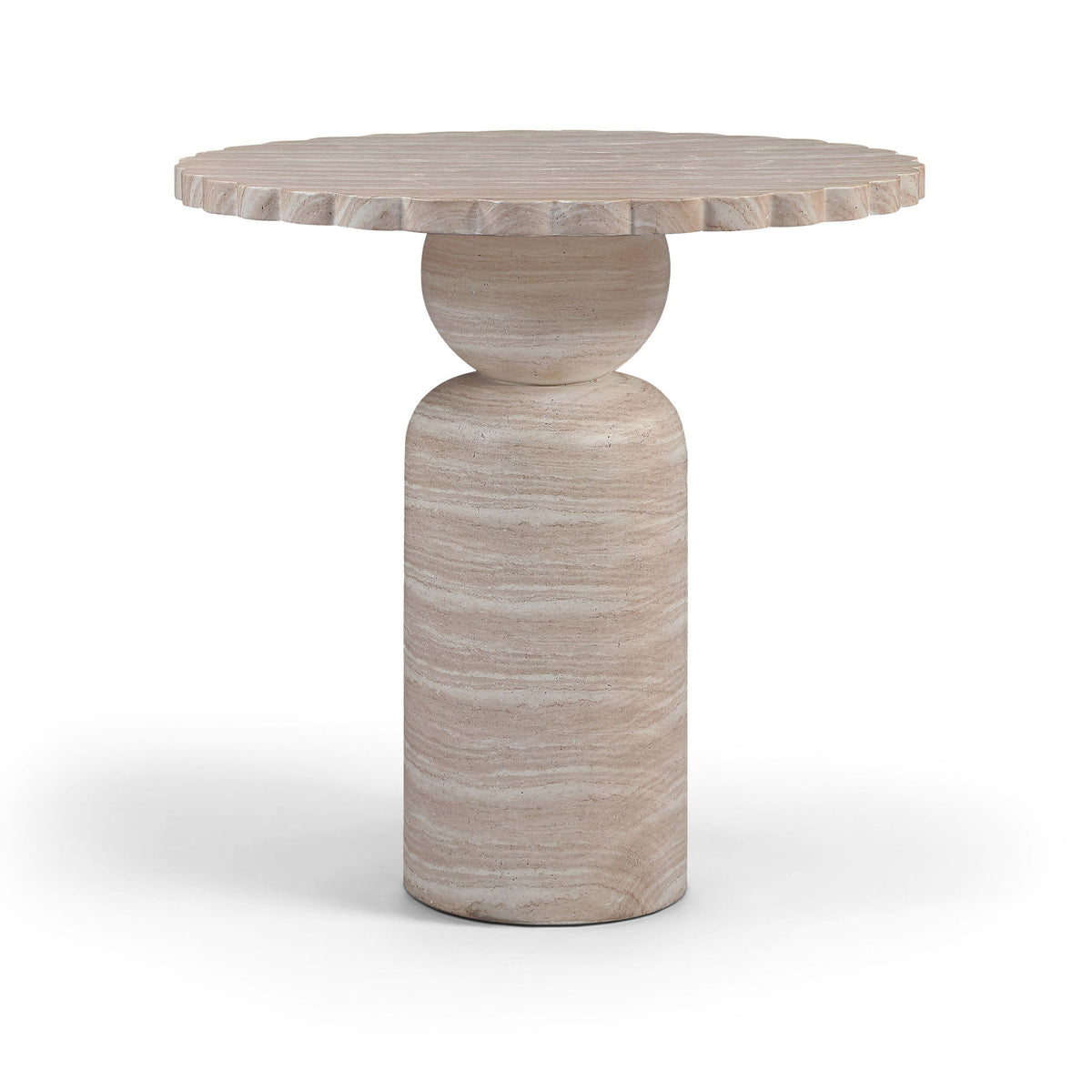 Round indoor/outdoor table with layered pedestal column and ribbed edge top in light wood.
