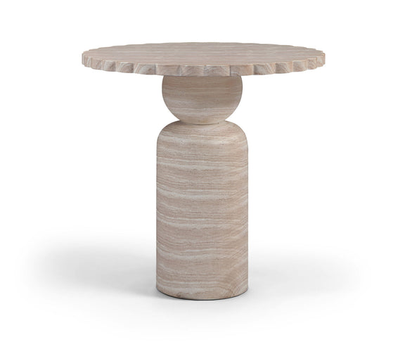 Round indoor/outdoor table with layered pedestal column and ribbed edge top in light wood.
